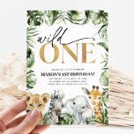 Invitación Animales salvajes de un Safari Niños de primer cum<br><div class="desc">Invitación de 1° cumpleaños Wild One con bonitos animales de safari - León,  Elefante,  Cebra,  Giraffe y diseño de hojas de vegetación de jungla.</div>