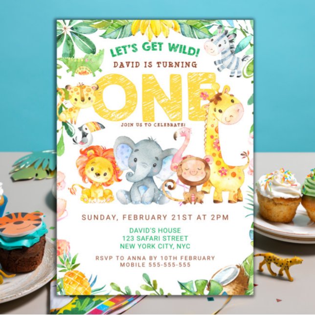 Invitación Animales salvajes de un Safari Niños de primer cum (Safari Party Jungle Animals Boy First Birthday Invitation )