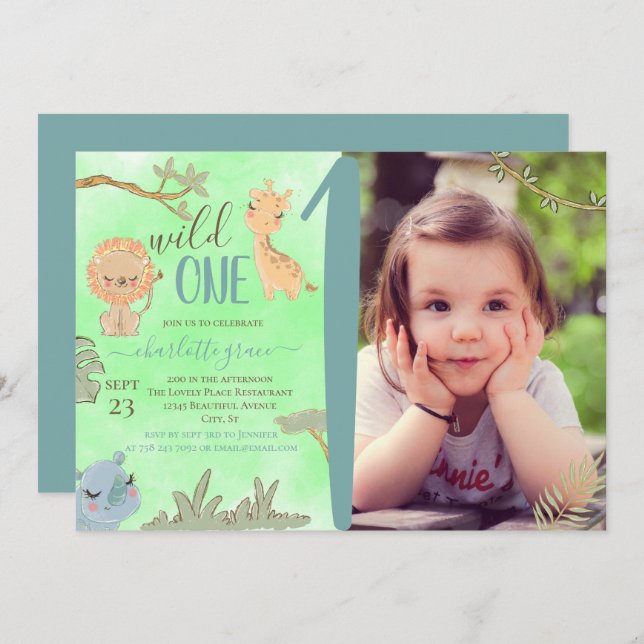 Invitación Animales salvajes de una jungla Azul Marrón Primer (Anverso / Reverso)