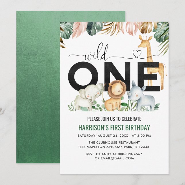 Invitación Animales salvajes de una jungla Safari primer cump (Anverso / Reverso)
