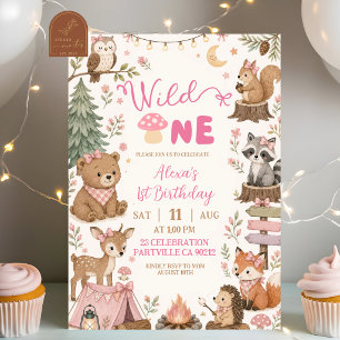 Invitación Animales Salvajes del Bosque Rosa Cumpleaños de Ni