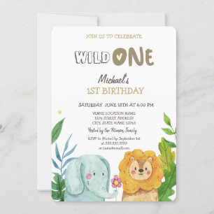 Invitación Animales Salvajes Elefante León Hojas Cumpleaños 1