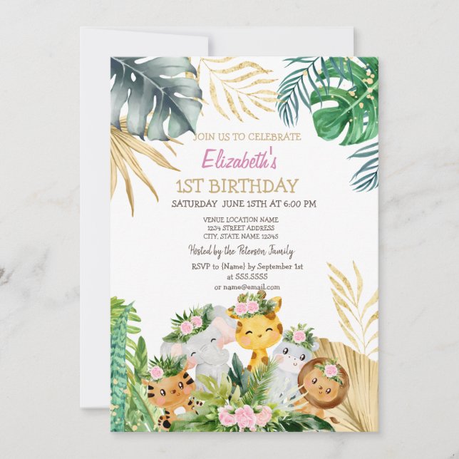 Invitación Animales Salvajes Flores de la Jungla Tropical 1º (Anverso)
