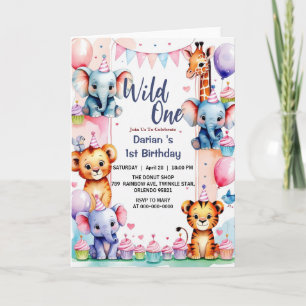 Invitación Animales salvajes One Cute Apretón con globos 1º c