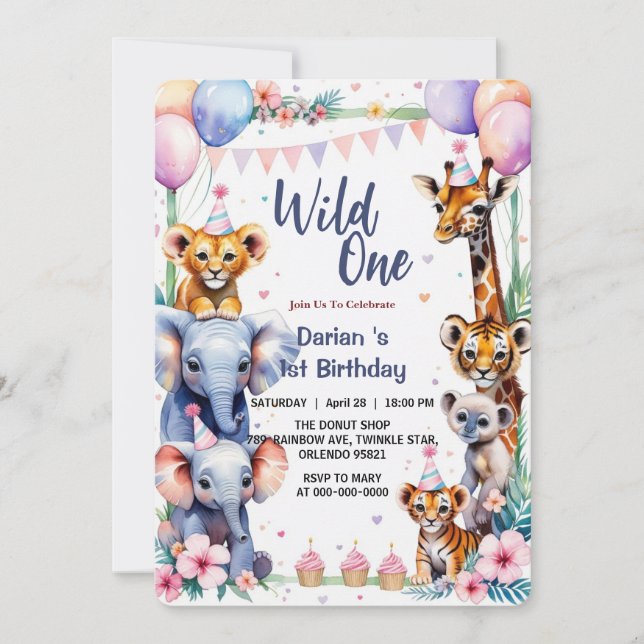 Invitación Animales salvajes One Cute Apretón con globos 1º c (Anverso)