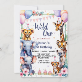 Invitación Animales salvajes One Cute Apretón con globos 1º c