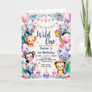 Invitación Animales salvajes One Cute Apretón con globos 1º c
