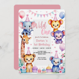Invitación Animales salvajes One Cute Apretón con globos 1º c