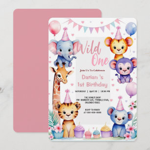 Invitación Animales salvajes One Cute Apretón con globos 1º c