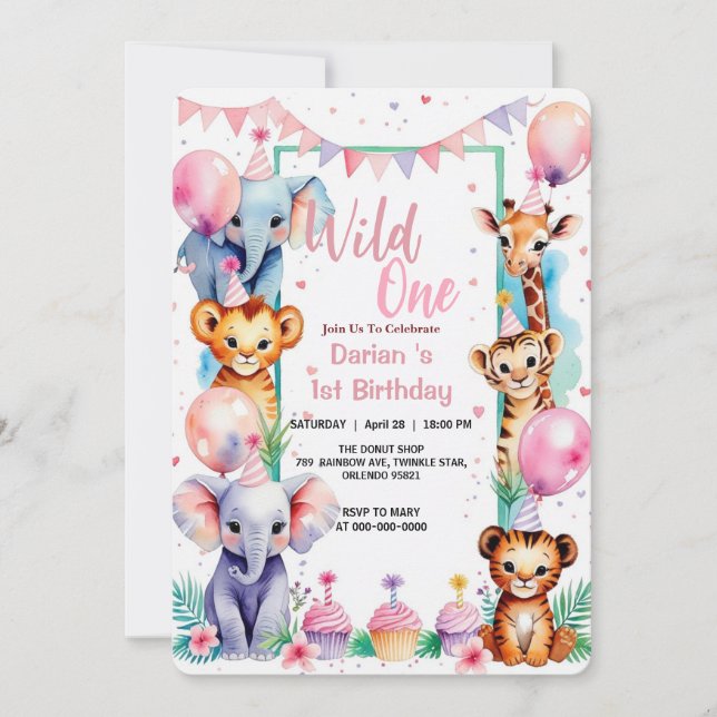 Invitación Animales salvajes One Cute Apretón con globos 1º c (Anverso)