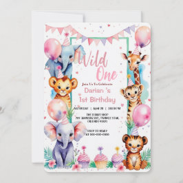 Invitación Animales salvajes One Cute Apretón con globos 1º c