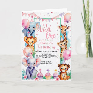 Invitación Animales salvajes One Cute Apretón con globos 1º c