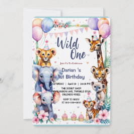 Invitación Animales salvajes One Cute Apretón con globos 1º c