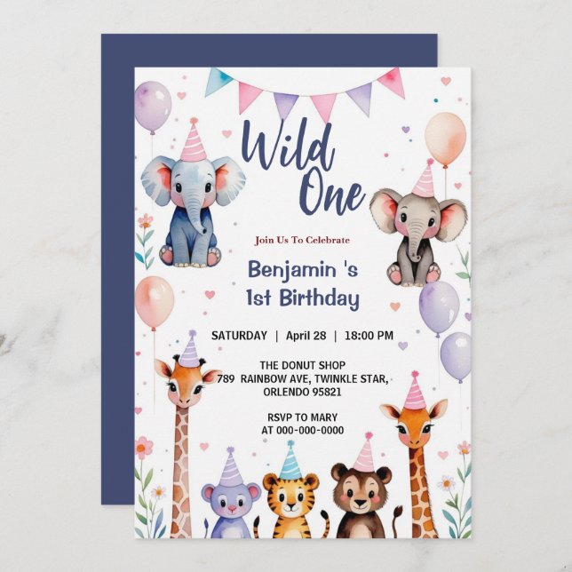 Invitación Animales salvajes One Cute Balloon Boy 1er cumplea (Anverso / Reverso)