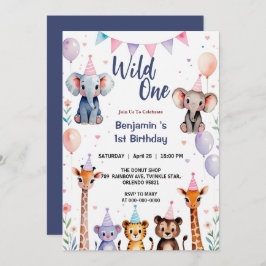 Invitación Animales salvajes One Cute Balloon Boy 1er cumplea