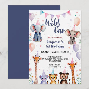 Invitación Animales salvajes One Cute Balloon Boy 1er cumplea