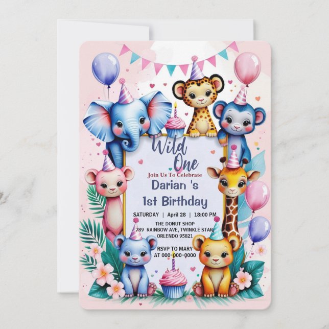 Invitación Animales salvajes One Cute Niños globos 1er cumple (Anverso)