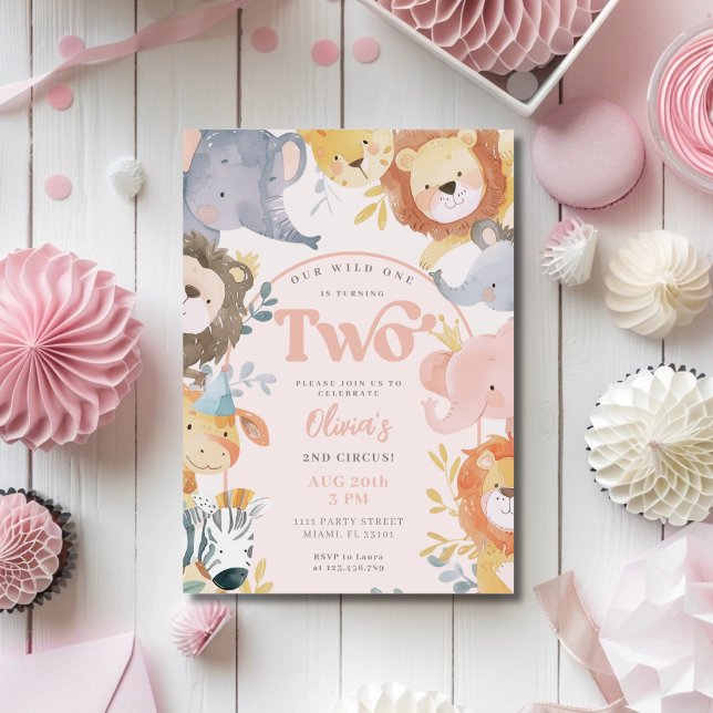 Invitación Animales salvajes Rosa Dos Chicas Foto Cumpleaños (Subido por el creador)