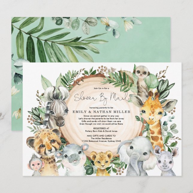 Invitación Animales salvajes Safari Greenery Baby Shower Por  (Anverso / Reverso)