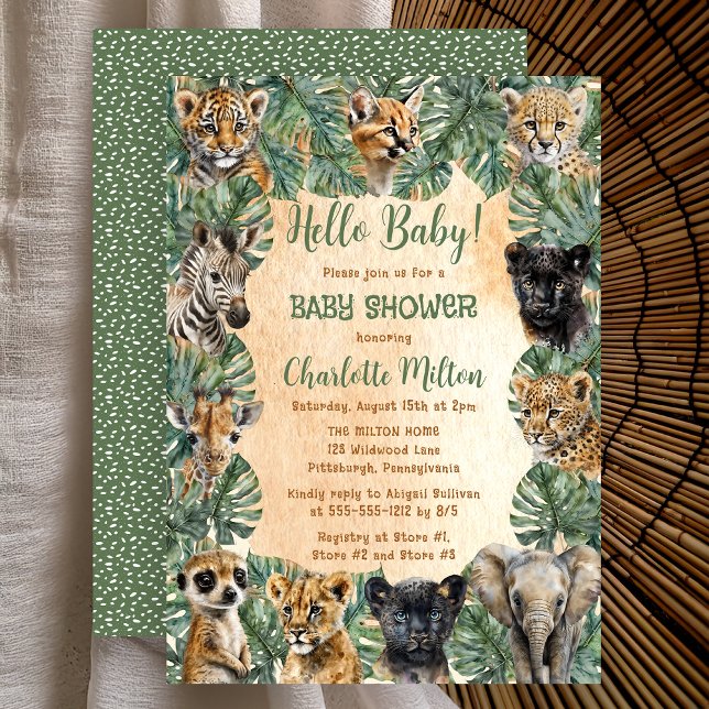 Invitación Animales Salvajes Safari Selva Baby Shower Hola (Safari Jungle Wild Animals Hello Baby Shower Invitation -- Print | Digital Download)