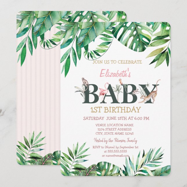 Invitación Animales Salvajes Verde Rayado Cumpleaños (Anverso / Reverso)