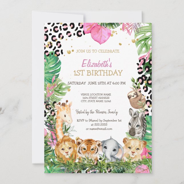 Invitación Animales silvestres jungla hojas tropicales 1 (Anverso)