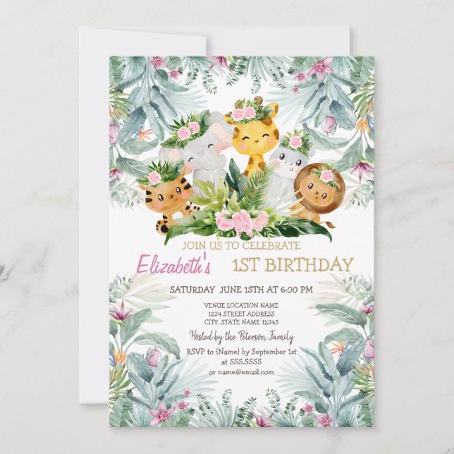 Invitación Animales silvestres uno floral tropical primer cum (Anverso)