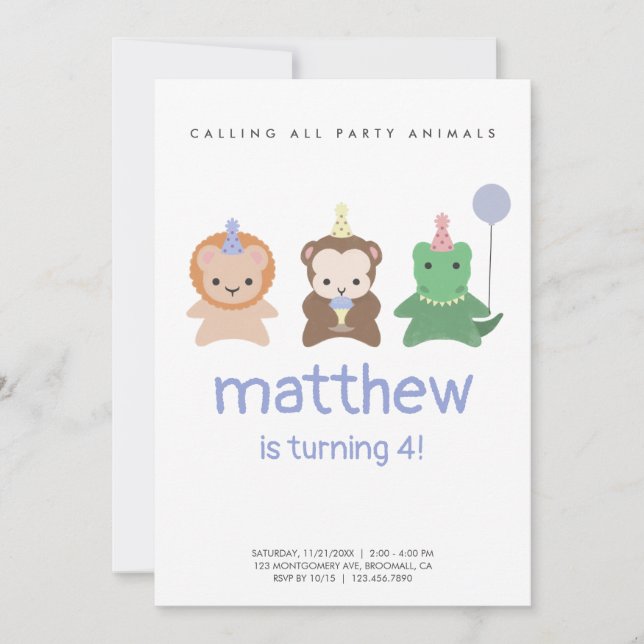 Invitación Animales simples y pequeños Cumpleaños mínimo (Anverso)