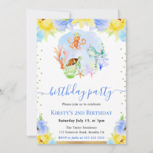 Invitación Animales Subacuáticos en Acuarela Fiesta de Cumple
