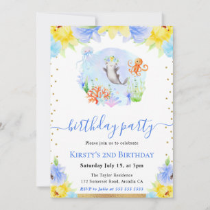 Invitación Animales Subacuáticos Florales Acuarela Cumpleaños