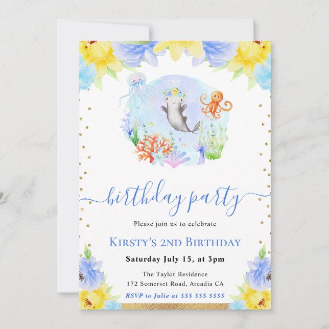 Invitación Animales Subacuáticos Florales Acuarela Cumpleaños (Anverso)