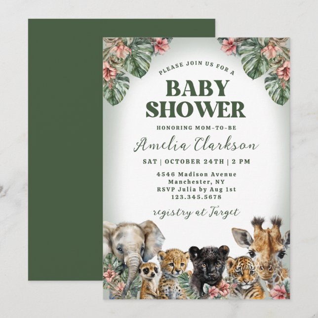 Invitación Animales tropicales Hibiscus & Palms Baby Shower (Anverso / Reverso)