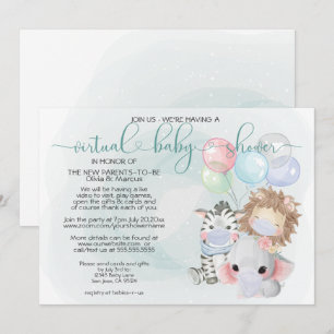 Invitación Animales verde azulados de 3 cutas en Baby Shower