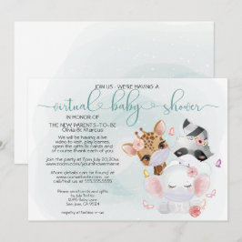 Invitación Animales verde azulados en Baby Shower virtual más