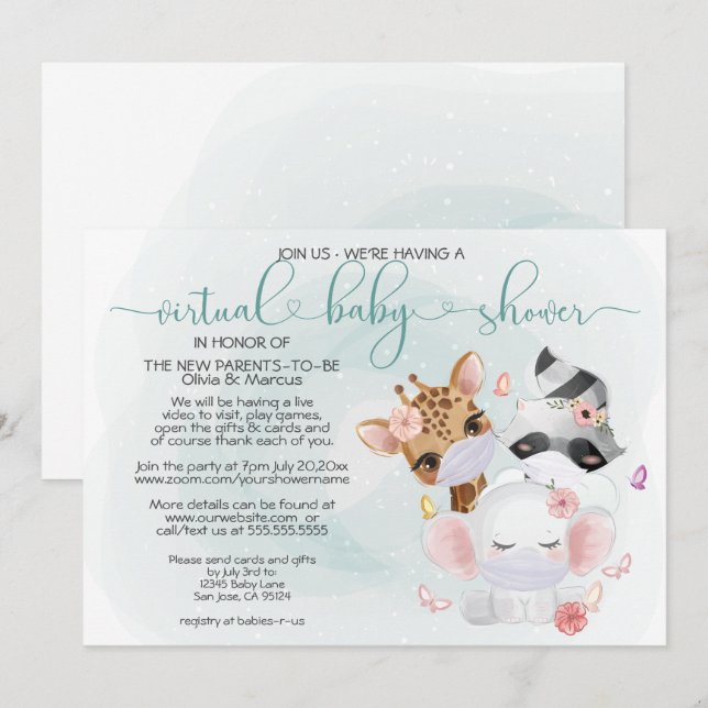 Invitación Animales verde azulados en Baby Shower virtual más (Anverso / Reverso)