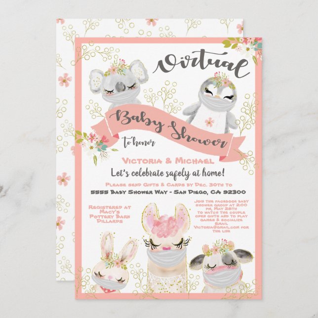 Invitación Animales virtuales de Baby Shower con máscaras (Anverso / Reverso)