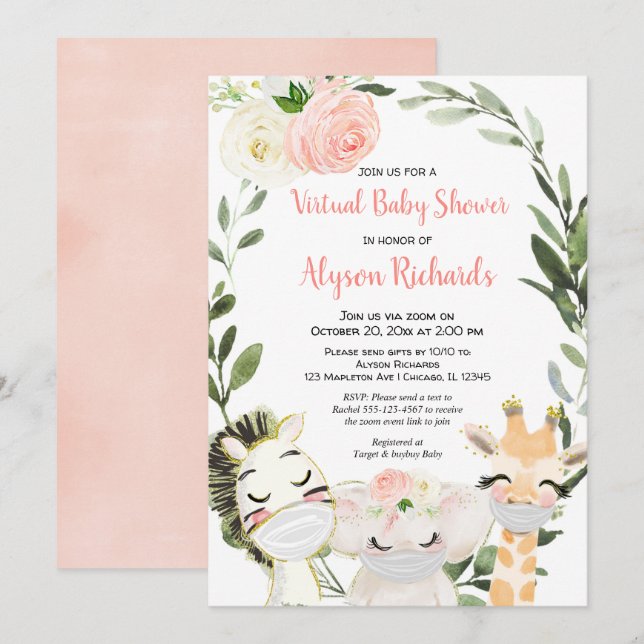 Invitación Animales virtuales de safari de vegetación rosa co (Anverso / Reverso)