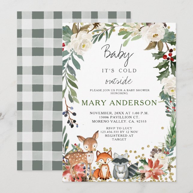 Invitación Animales Winter Forest Woodland Baby Shower (Anverso / Reverso)