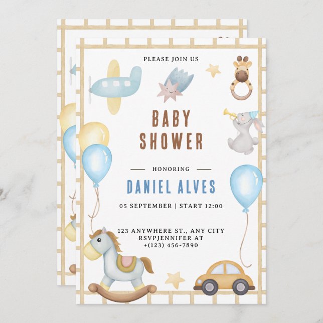 Invitación Animales Woodland Modernos Forest Boy Baby Shower  (Anverso / Reverso)