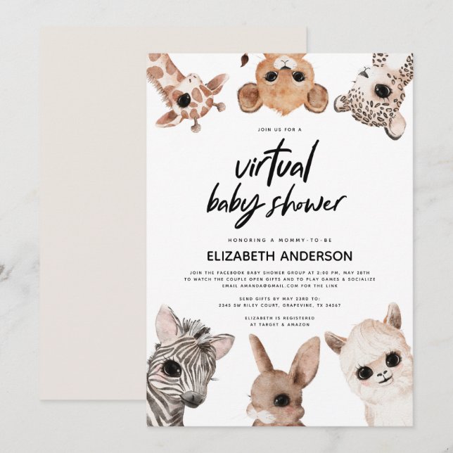 Invitación Animales Woodland Virtual Modern Baby Shower (Anverso / Reverso)