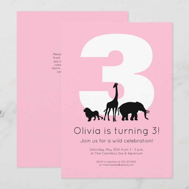 Invitación Animales zoológicos niños rosados fiesta de cumple (Anverso / Reverso)