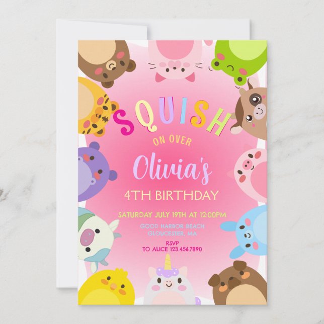 Invitación Animals Squish Girl Birthday party (Anverso)