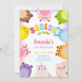 Invitación Animals Squish On Over rainbow Birthday