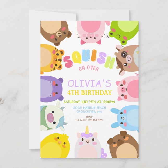 Invitación Animals Squish On Over rainbow  Birthday party (Anverso)