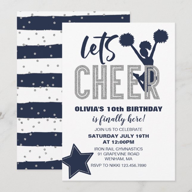 Invitación Animando Navy y Cumpleaños de Cheerleading Platead (Anverso / Reverso)
