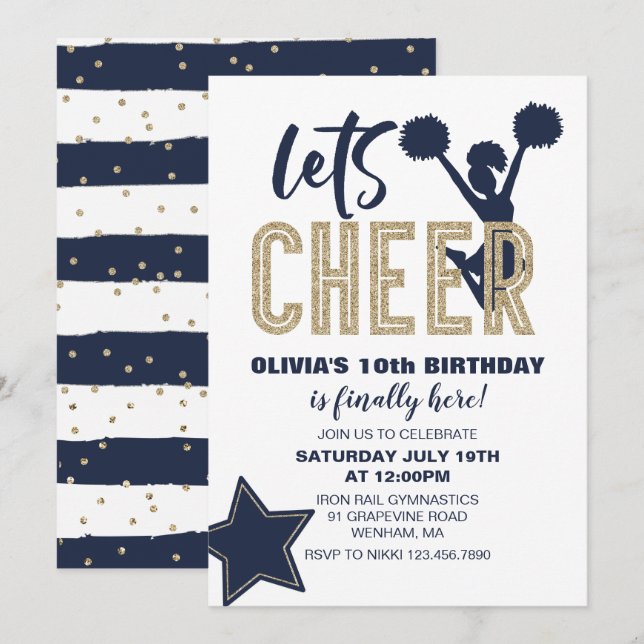 Invitación Animando Navy y Oro Cumpleaños de Porristas (Anverso / Reverso)