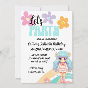 Invitación Anime Birthday Chica Blue Pink Cute Retro Invitaci