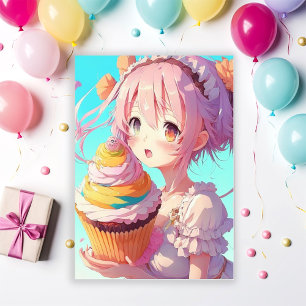 Invitación Anime Chica con la fiesta de cumpleaños del pastel