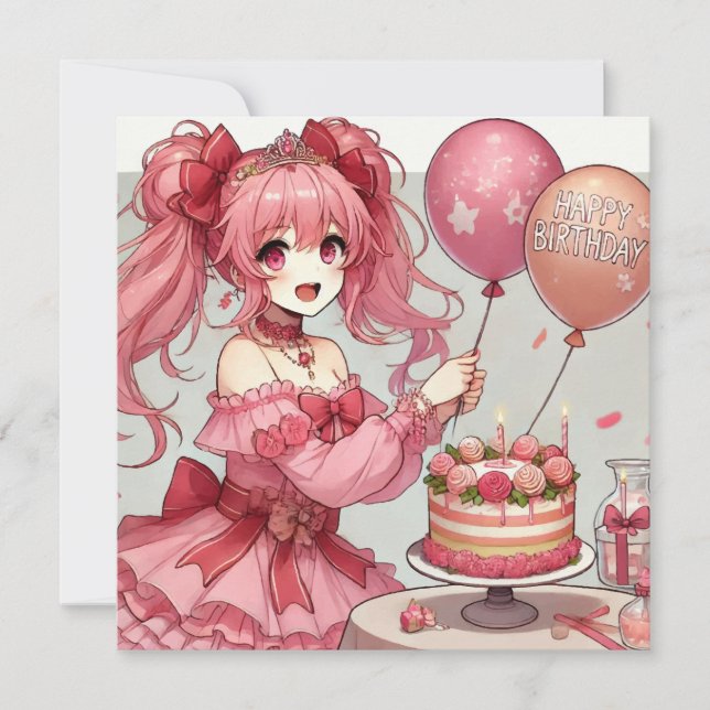 Invitación Anime chica cumpleaños rosa (Anverso)