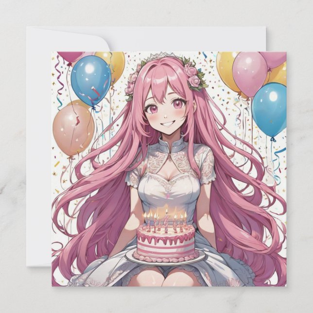 Invitación Anime Chica cumpleaños rosa (Anverso)